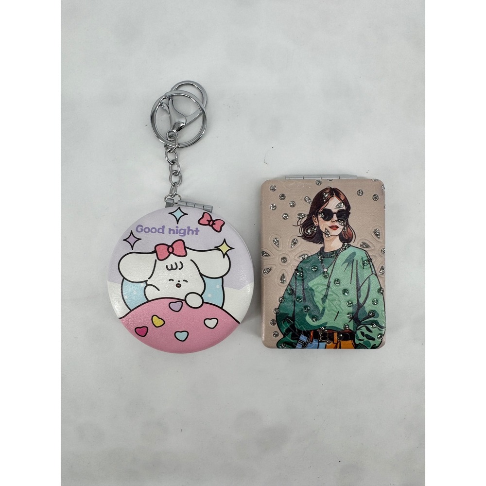 Set of 2 Compact Mirrors Fashion Illustration and Puppy Keychain Travel Mirrors